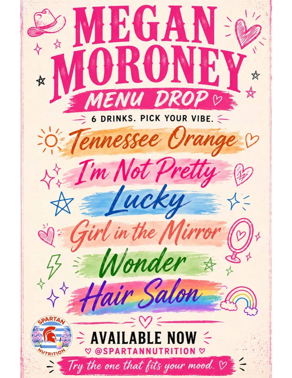 Megan Moroney Menu featuring six Spartan Nutrition drinks